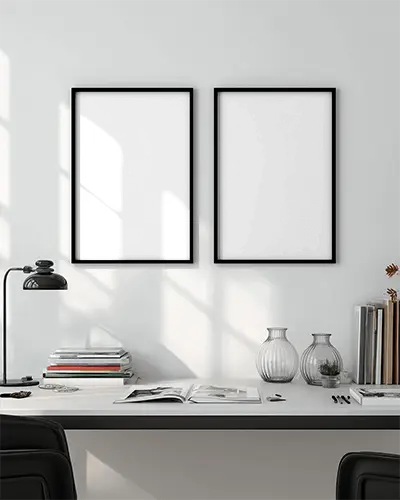 Modern Minimalist Workspace With Dual Vertical Frame Mockups On Wall Creative Home Office
