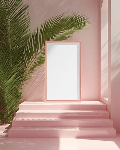 minimalistic-frame-mockup-with-stairs-and-palm-leaves-for-modern-art-display