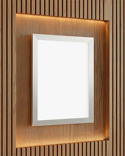 Minimalistic Picture Frame Mockup On Textured Wood Panel Wall With Glowing Backlight Effect