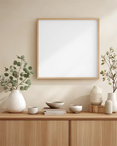 Minimalist Blank Frame Mockup On Neutral Wall With Ceramic Decor Items For Creative Display