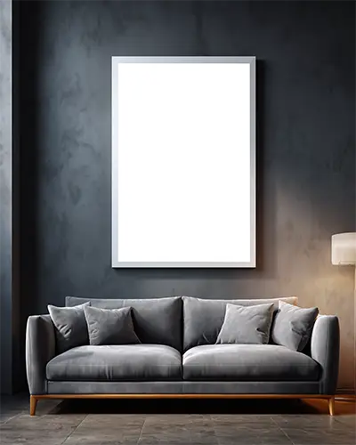 Stylish Interior Design Frame Mockup With Sofa Lamp And Dark Textured Wall