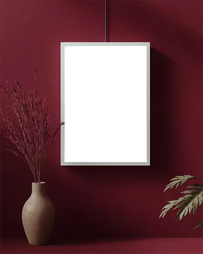 Minimalist Hanging Frame Mockup With Simple Vase And Natural Decor On Maroon Wall Background
