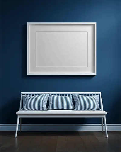 Modern Wall Frame Mockup Above Striped Cushion Bench Interior Design Inspiration