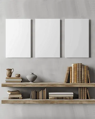 Minimalist Wall Art Canvas Mockup With Floating Wood Shelving And Vintage Book Arrangement