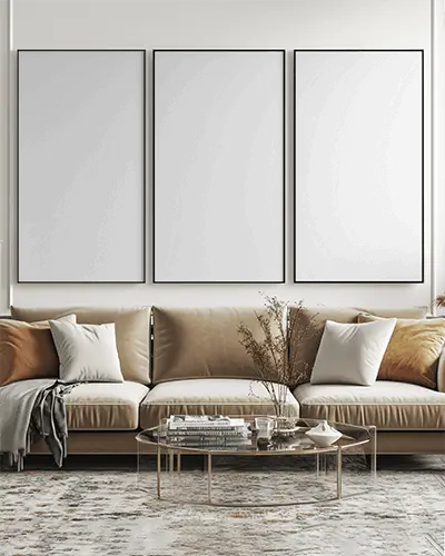 Stylish Sofa Setting With Minimalist Trio Canvas Mockup On Wall Background