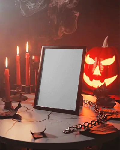 Halloween Frame Mockup With Red Candles Chains And Glowing Jack O Lantern On Marble Table