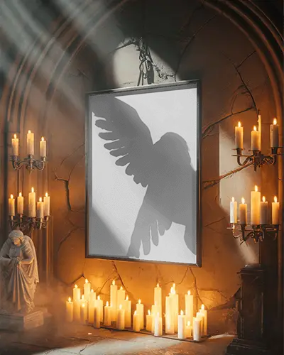 Gothic Halloween Frame Mockup In Candlelit Cathedral With Angel Statue And Mystic Smoke