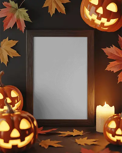 Halloween Photo Frame Mockup Surrounded By Jack O Lanterns Candles And Autumn Leaves