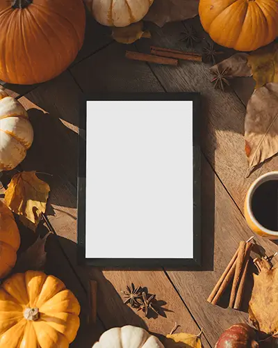 Cozy Halloween Frame Mockup With Pumpkins Cinnamon Sticks And Warm Natural Lighting