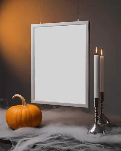 Minimalist Halloween Frame Mockup With Orange Backdrop Pumpkin And White Candles
