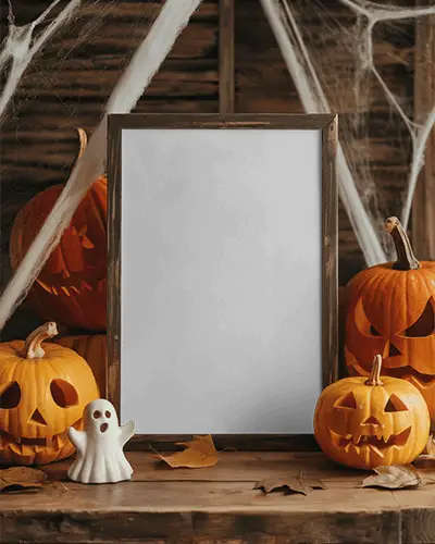 Halloween Frame Mockup With Jack O Lanterns Ghost Figure And Cobweb Decor