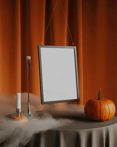 Spooky Halloween Frame Mockup Hanging With Orange Curtains And Smoky Atmosphere