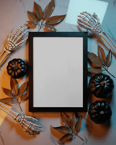 Halloween Frame Mockup With Black Pumpkins Skeleton Hands And Blue Orange Lighting