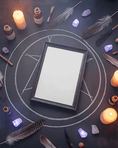 Mystical Halloween Frame Mockup With Feathers Candles And Witchcraft Symbol Circle