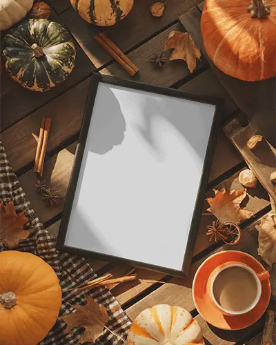 Autumn Halloween Frame Mockup On Wooden Surface With Pumpkins Coffee And Cinnamon