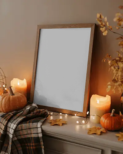 Halloween Frame Mockup With Pumpkins Candles And String Lights On Cozy Autumn Mantel