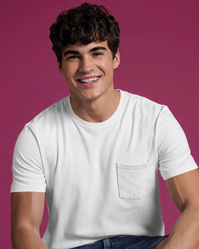 Casual Pocket T Shirt Mockup Male Model Smiling Against Bold Magenta Background Modern And Playful Style