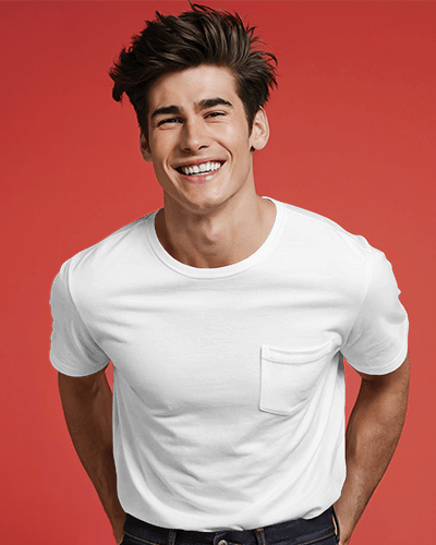 Bold Pocket T Shirt Mockup Male Model Smiling Against Vibrant Red Background Energetic And Modern Style