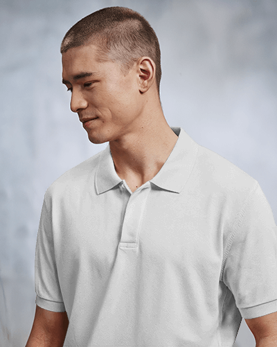 Stylish Polo Shirt Mockup Male Model In Muted Brown Tone Against Soft Blue Background Modern And Edgy Vibe