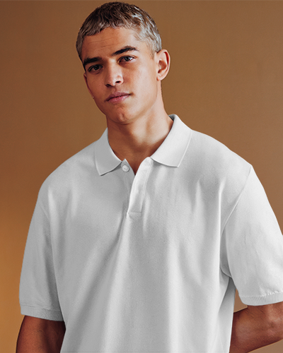 Bold Polo T Shirt Mockup Male Model In Vibrant Green Against Warm Brown Background Modern And Confident Style