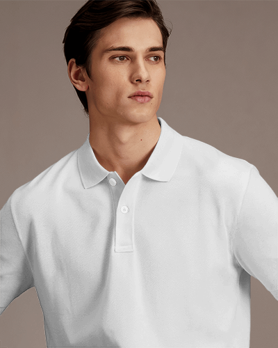Modern Polo Shirt Mockup Male Model In Bold Red Against Neutral Gray Background Edgy And Trendy Look