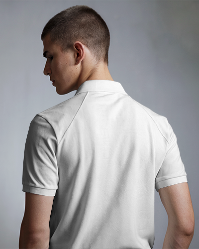 Sleek Back Design Polo Shirt Mockup Male Model Turned Away Against Moody Gray Background Modern And Minimalist Aesthetic