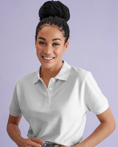 Modern Polo Shirt Mockup Female Model Smiling Against Soft Purple Background Fresh And Stylish Look