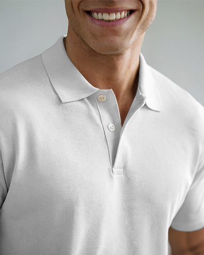 Casual Polo Shirt Mockup Smiling Male Model In Bright Orange Polo With Embroidered Design Against Neutral Background Modern And Stylish Look