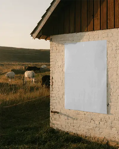 Farmhouse Exterior With Poster Mockup And Pastoral Farm Animals View