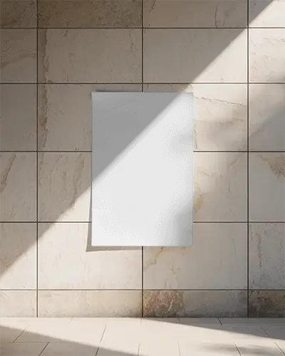 Vertical Poster Mockup Display On Modern Marble Tiles Background With Sunlight Shadow Effect