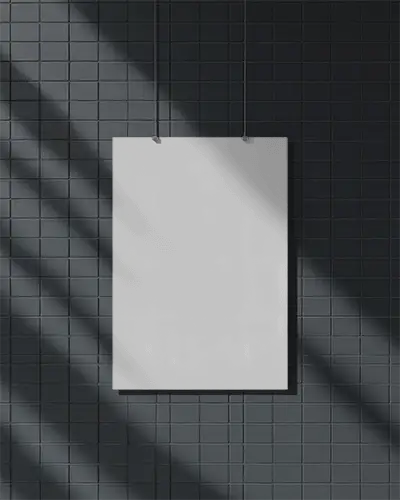 Minimalistic Hanging Poster Mockup On Textured Tiled Wall For Design Presentation