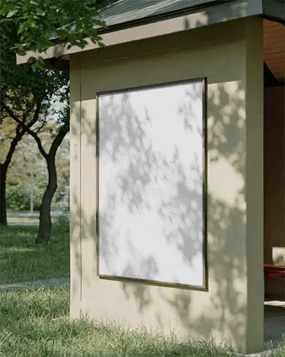 Urban Poster Mockup For Advertisement On Building Wall Surrounded By Greenery