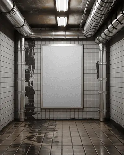 Underground Industrial Poster Mockup With Metallic Pipes And Tiled Walls
