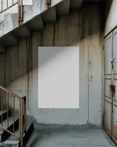 Abandoned Industrial Staircase With Poster Mockup On Worn Concrete Wall Interior Scene