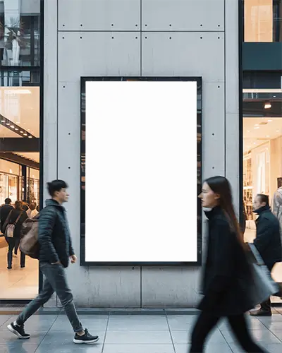 Realistic Urban Advertisement Poster Frame Mockup Outdoor Display In Pedestrian Shopping Area