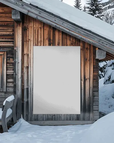 Winter Cabin Exterior Poster Mockup Rustic Wooden Wall For Cold Season Promotion