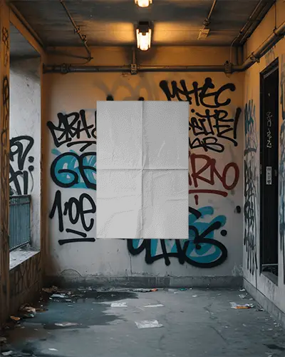 Urban Art Wall Poster Mockup In Grungy Industrial Hallway With Graffiti Background