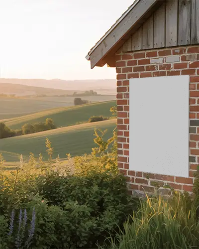 Countryside Brick Building With Poster Mockup Surrounded By Plants And Wildflowers