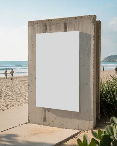 Beachside Concrete Poster Mockup With Sandy Background And Ocean View For Designs