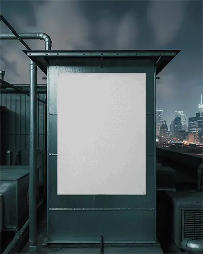 Urban Industrial Poster Mockup On Metal Structure With Cityscape Background At Night