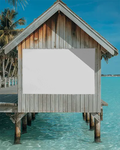 Tropical Waterfront Travel Resort Poster Mockup For Vacation Advertisement Design