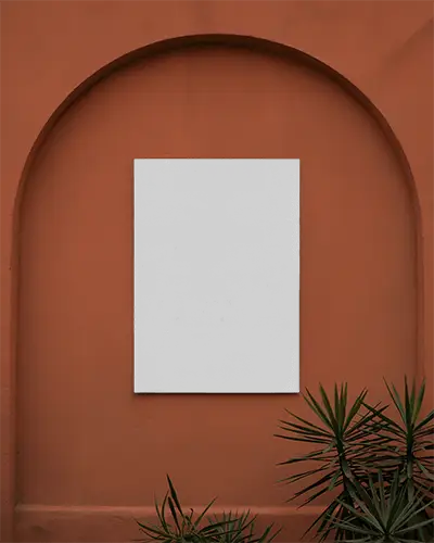 Minimalistic Vertical Poster Mockup On Arched Wall With Tropical Plants For Interior Design