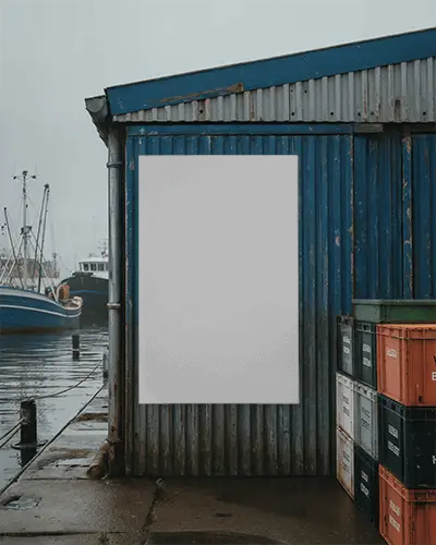 Outdoor Industrial Wall Poster Mockup At Harbor With Boats And Stacked Containers