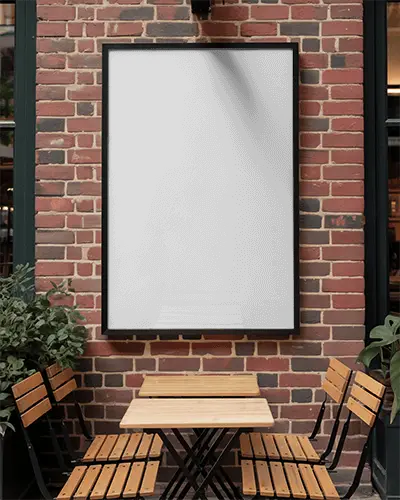 Urban Outdoor Cafe Poster Mockup With Frame And Brick Wall Background