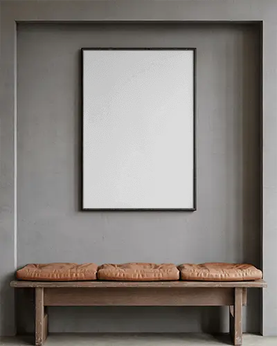 Modern Wall Poster Mockup Display Inset With Simple Wooden Bench And Cushioned Seats