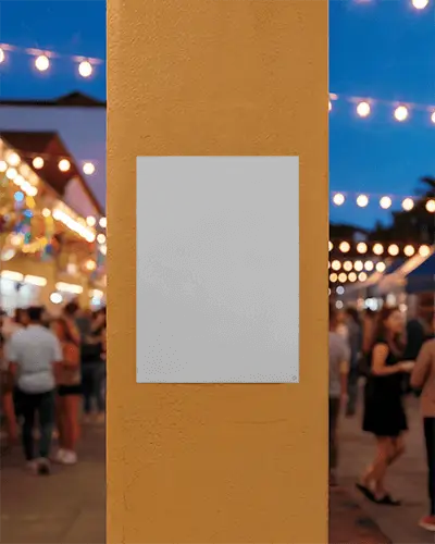 Street Event Poster Mockup Tall Pillar Evening Festival Crowd Blurred Background