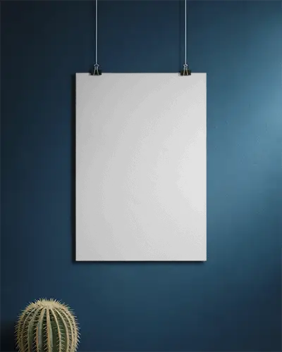 Realistic Poster Mockup Suspended On Wall With Simple Clips Next To Desert Plant Decor