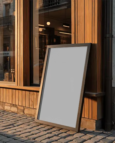 Outdoor Poster Mockup On Cobblestone Street For Retail Promotion And Advertisement