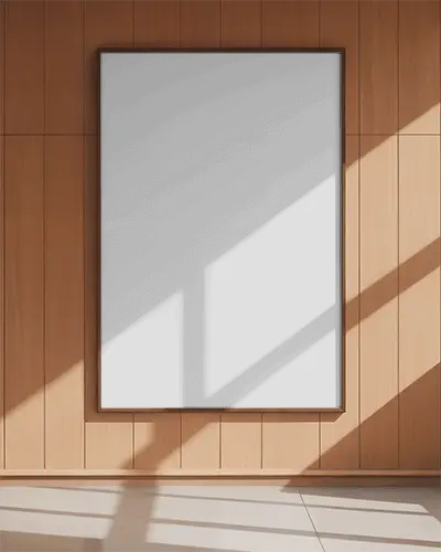 Modern Minimalist Wall Poster Mockup With Natural Light And Wood Panel Background Design