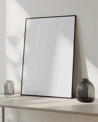 Minimalistic Poster Mockup Leaning On Wall Surrounded By Modern Glass Vases In Bright Room